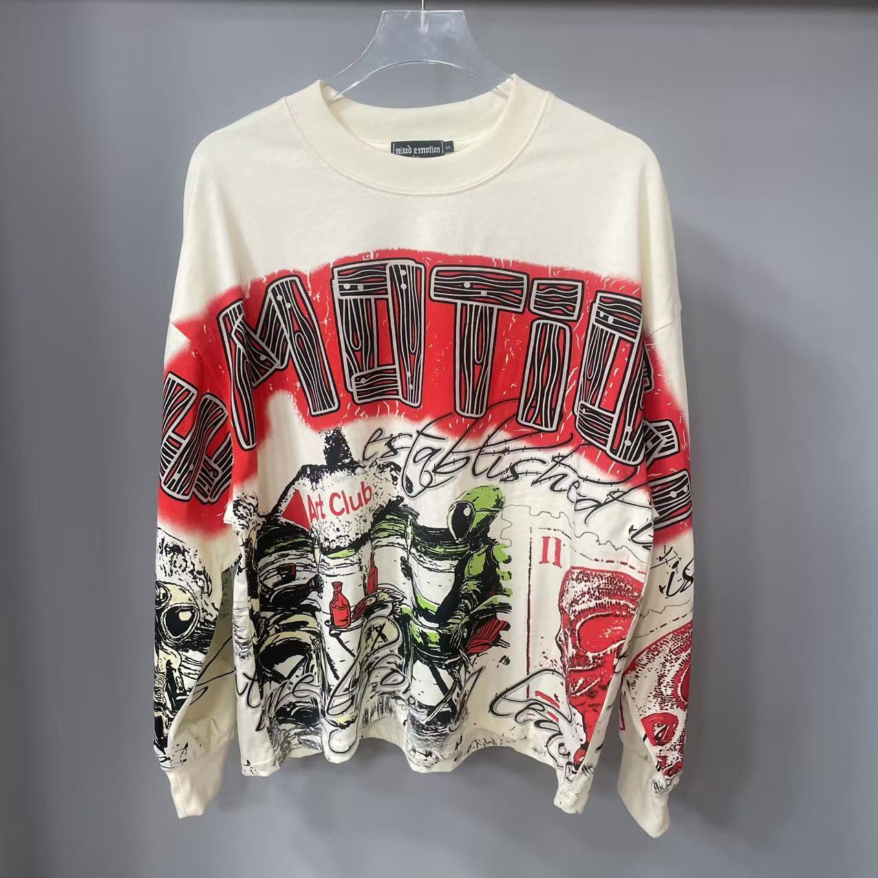 Street Fashion Vintage - 고품질 디자이너 MIXED-EMOTION 긴팔 티셔츠 100%