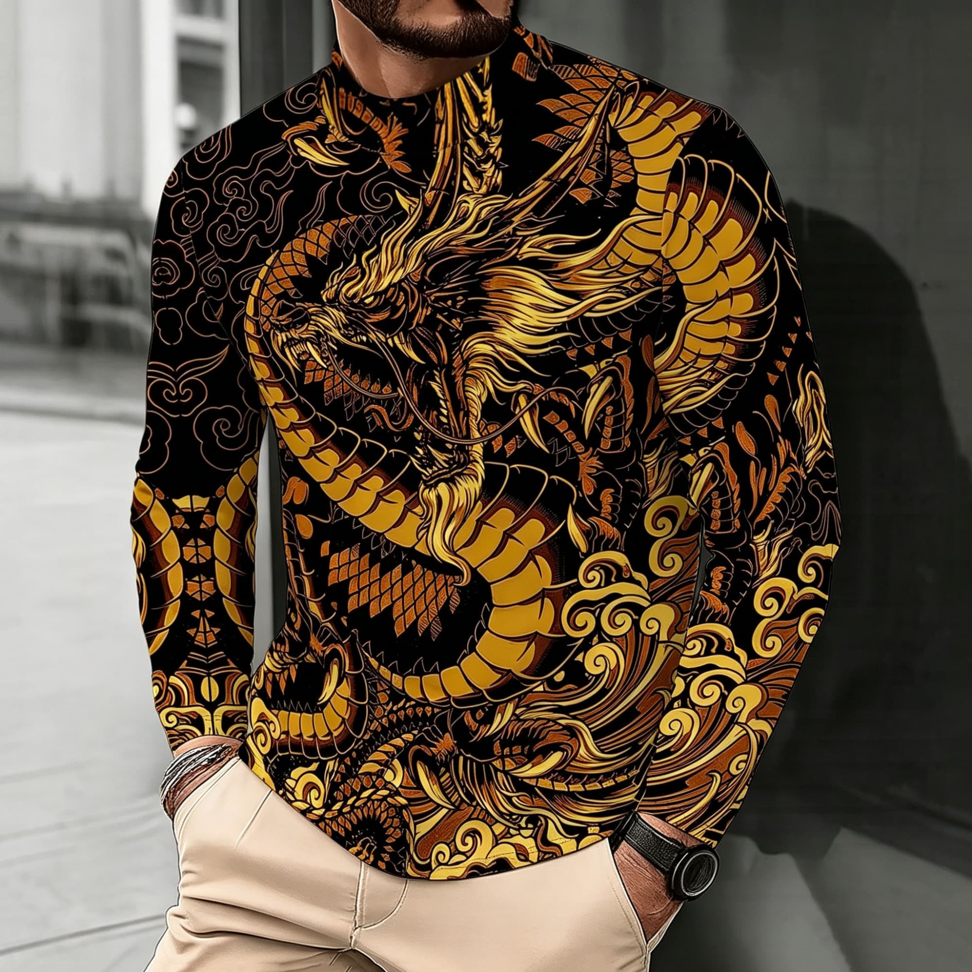 Street Fashion Asian Men - 남성용 목폴라 긴소매 티셔츠, 대담한 동양풍