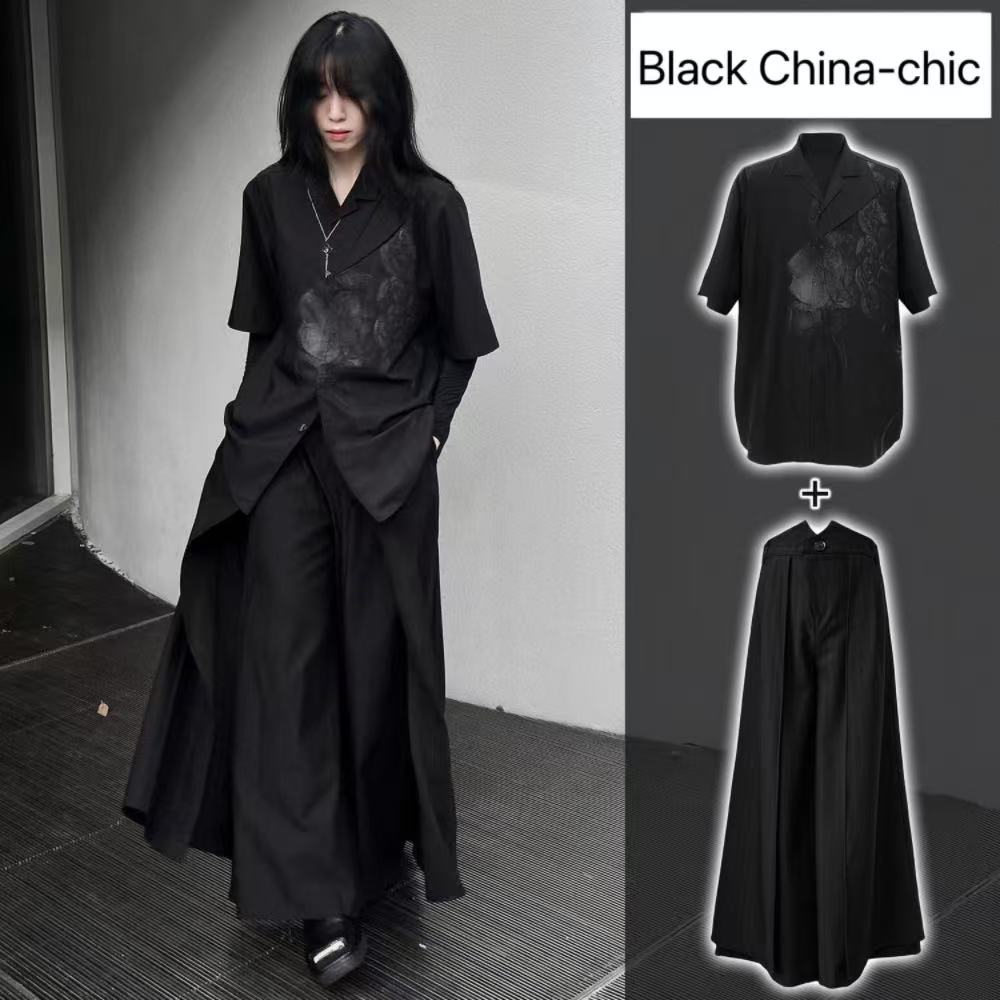 멋진 블랙 신상 중국풍 코스튬 여름 반팔 티셔츠 비섹스 - Street Fashion Outfit For Men 리뷰 및 가격