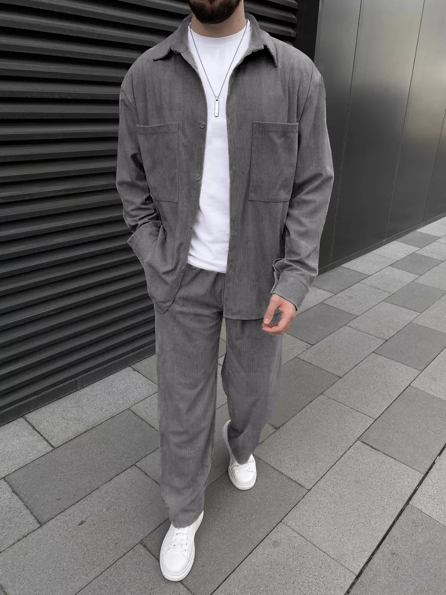 남성용 코듀로이 투피스 세트: 긴소매 버튼다운 셔츠와  - Street Fashion China 리뷰 및 가격
